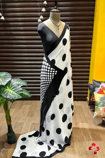 Italian Printed Satin Crepe Polka Dot Black & White Saree