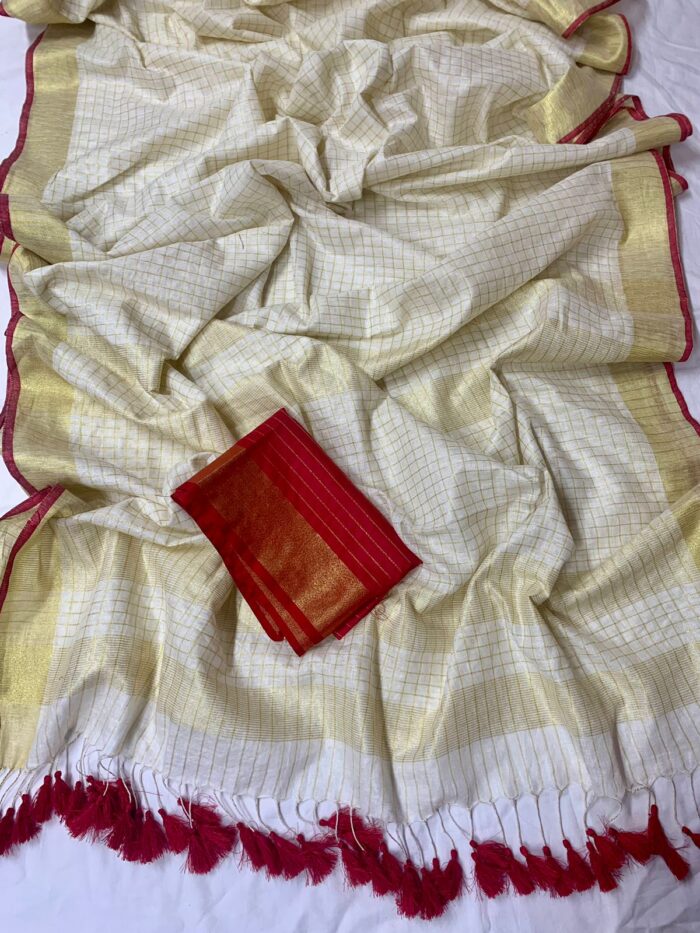 Onam Special Linen Off White Zari Stripe Saree With Red Blouse