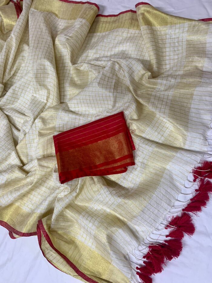 Onam Special Linen Off White Zari Stripe Saree With Red Blouse