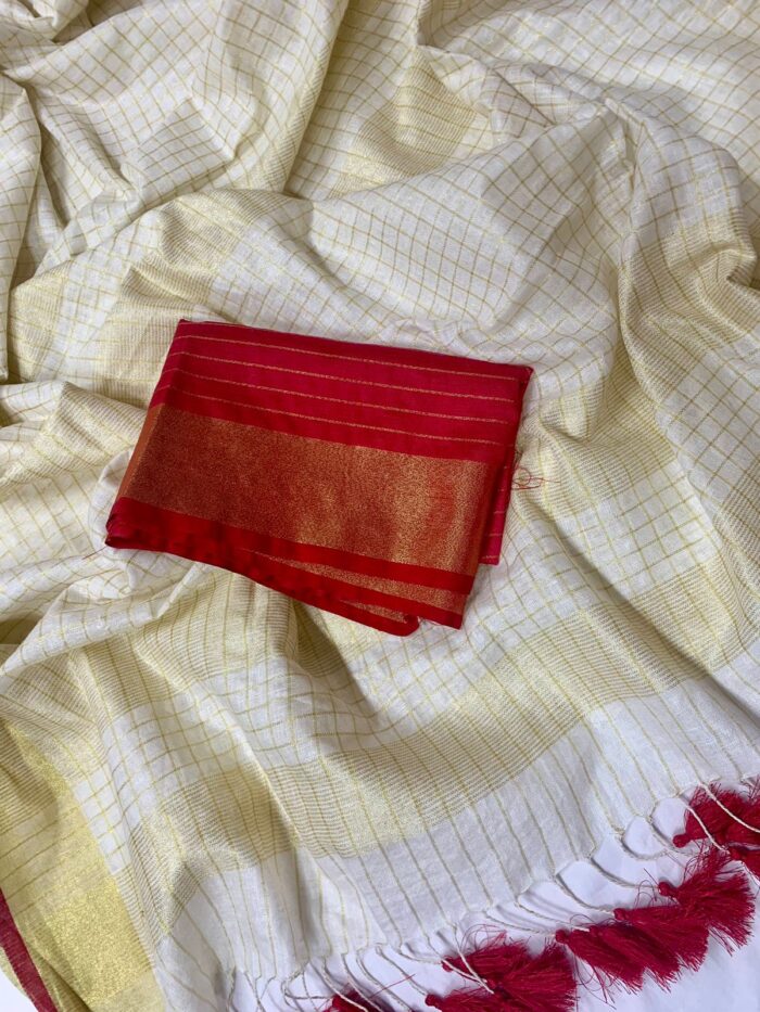 Onam Special Linen Off White Zari Stripe Saree With Red Blouse