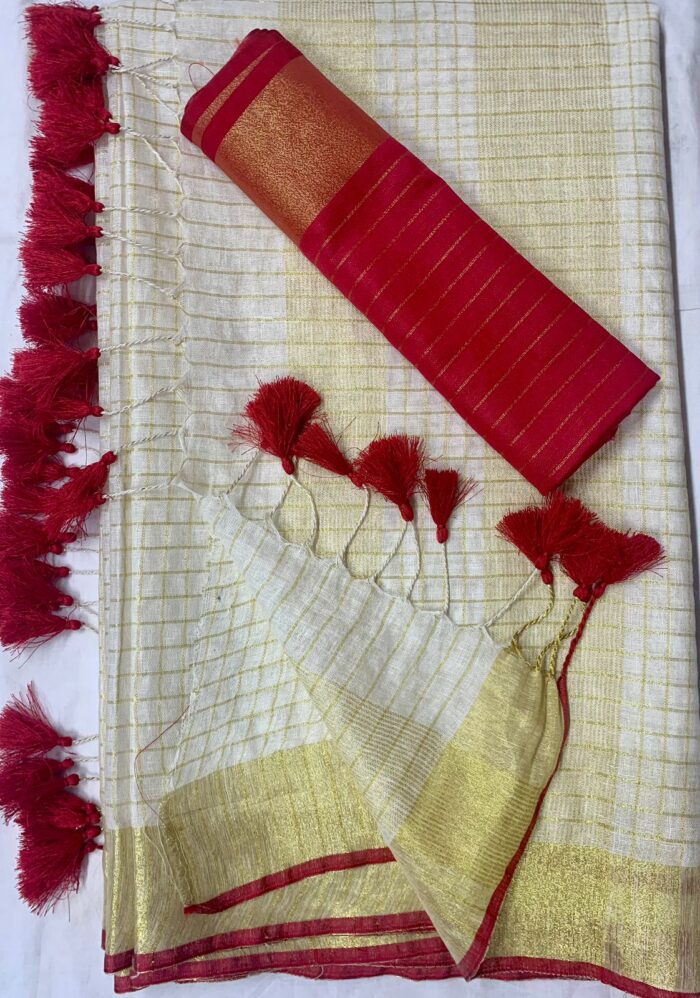 Onam Special Linen Off White Zari Stripe Saree With Red Blouse