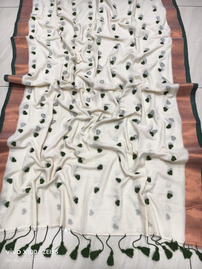 Dil Ki Dori-Half White Love Embroidery Pure Mul Saree with Zari Border