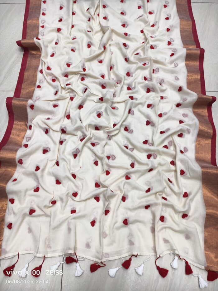 Dil Ki Dori-Half White Love Embroidery Pure Mul Saree with Zari Border
