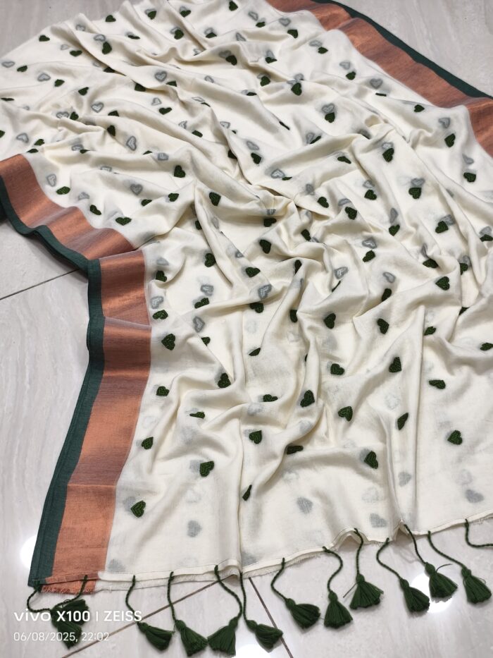 Dil Ki Dori-Half White Love Embroidery Pure Mul Saree with Zari Border