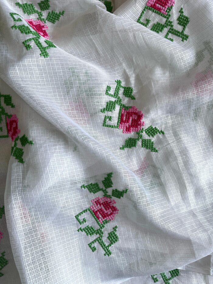 White Kota Cotton Saree with Cross Stitched Embroidery