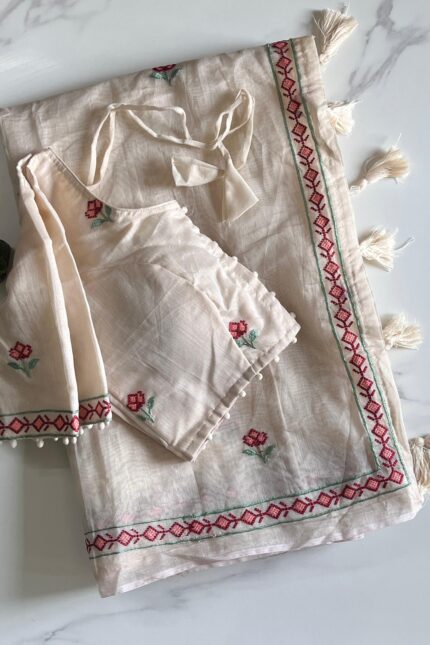 Pure Chanderi Saree With flower Embroidery On All Over The Saree