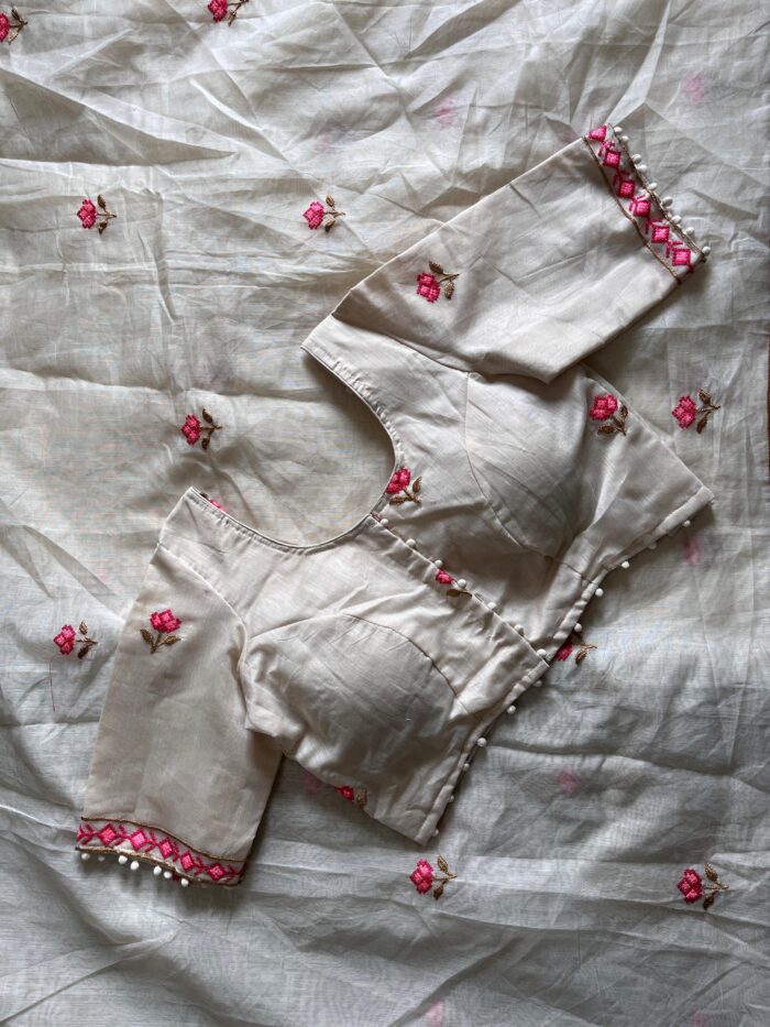 Pure Chanderi Saree With flower Embroidery On All Over The Saree
