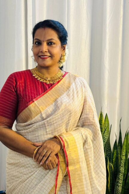 Onam Special Linen Off White Zari Stripe Saree With Red Blouse