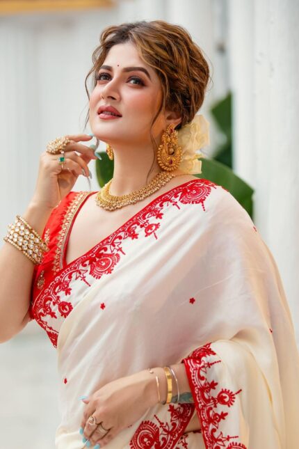 Red & White Embroidered Puja Special Silk Saree