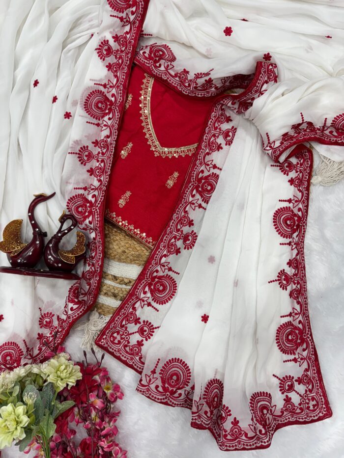 Red & White Embroidered Puja Special Silk Saree