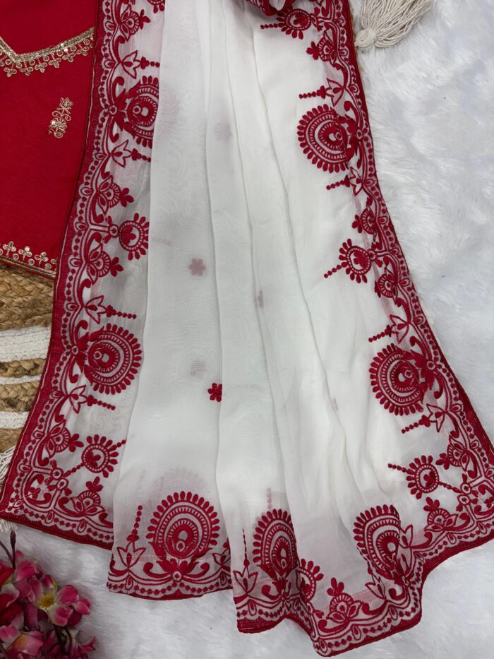 Red & White Embroidered Puja Special Silk Saree