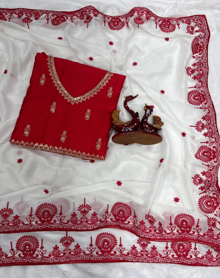 Red & White Embroidered Puja Special Silk Saree