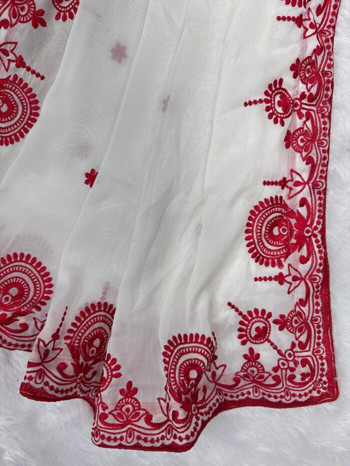 Red & White Embroidered Puja Special Silk Saree