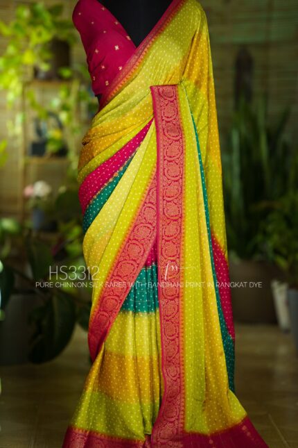 Pure Chinnon Silk Saree With Beautiful Bandhani Prints