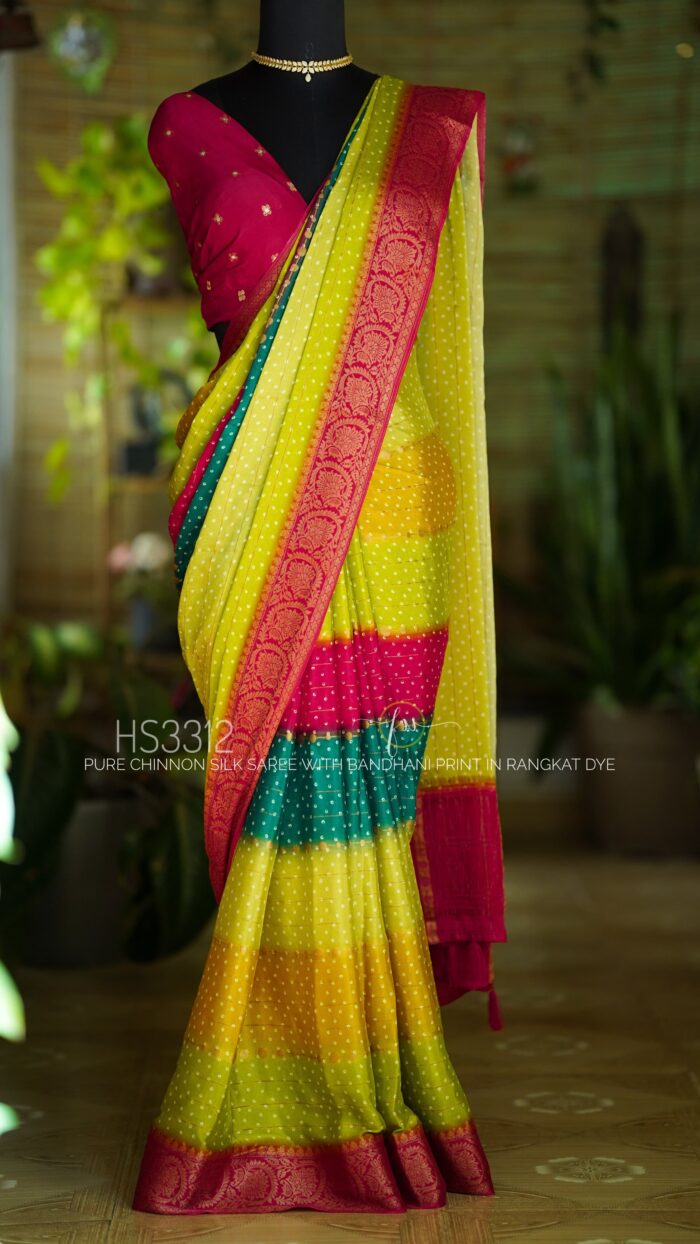 Pure Chinnon Silk Saree With Beautiful Bandhani Prints