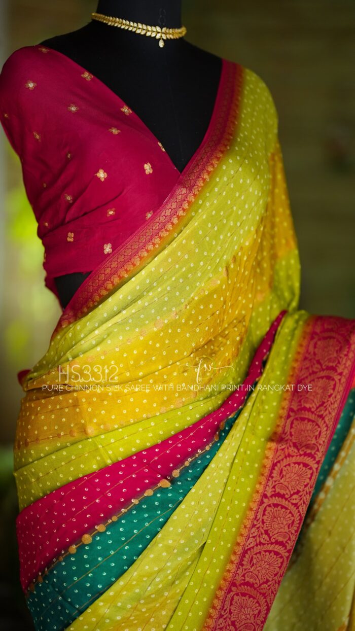 Pure Chinnon Silk Saree With Beautiful Bandhani Prints