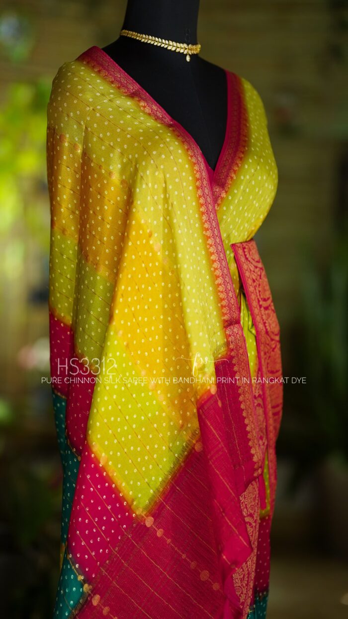Pure Chinnon Silk Saree With Beautiful Bandhani Prints