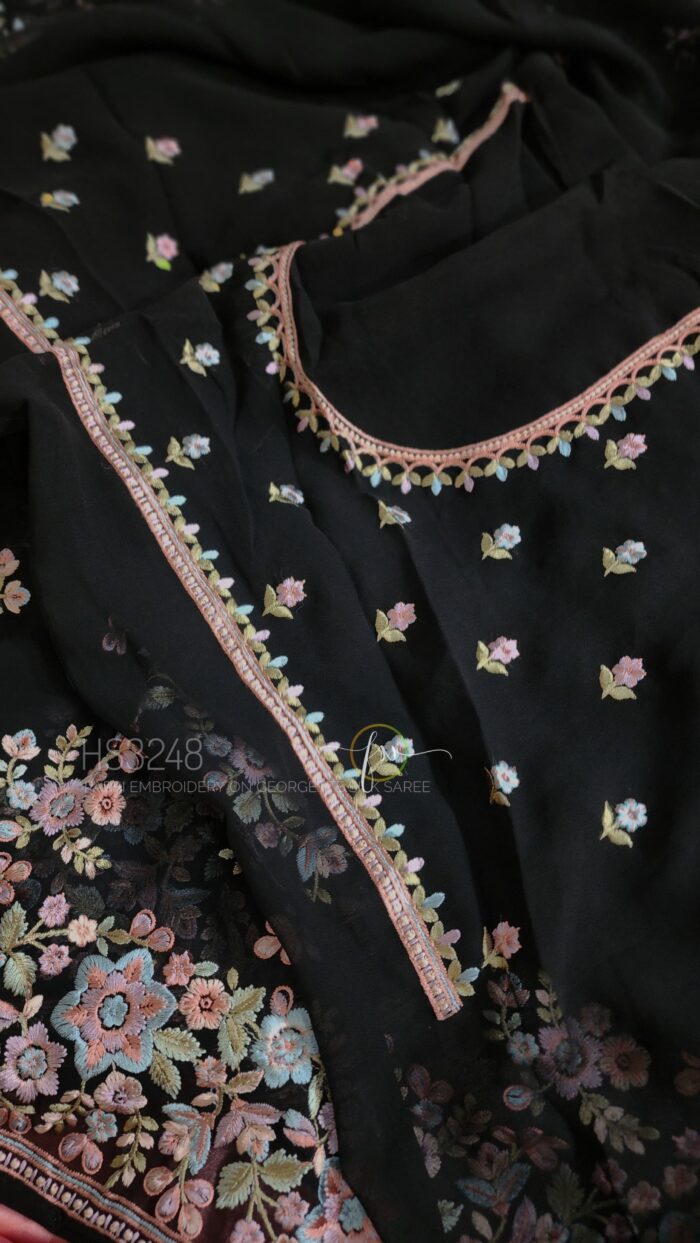 Black Pure Georgette Saree Adorned With Intricate Allover Parsi Embroidery