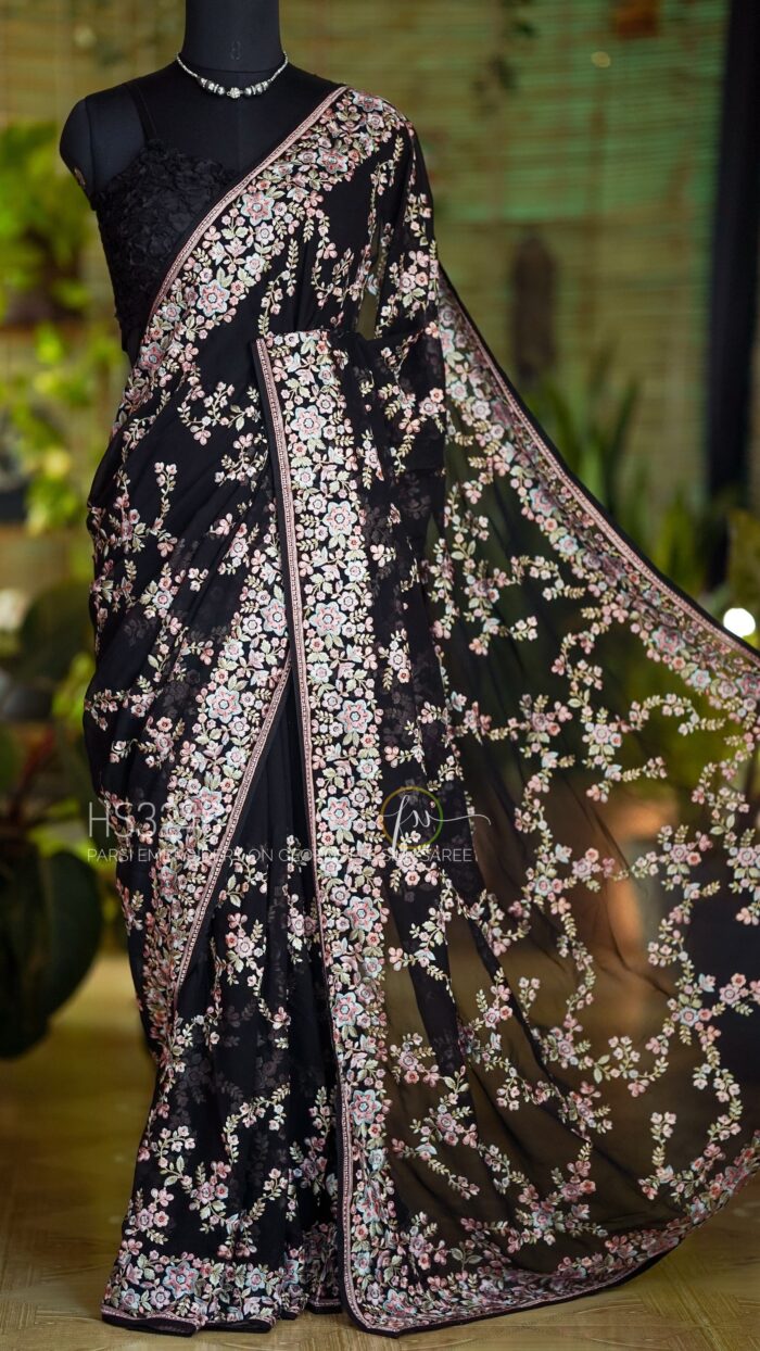 Black Pure Georgette Saree Adorned With Intricate Allover Parsi Embroidery