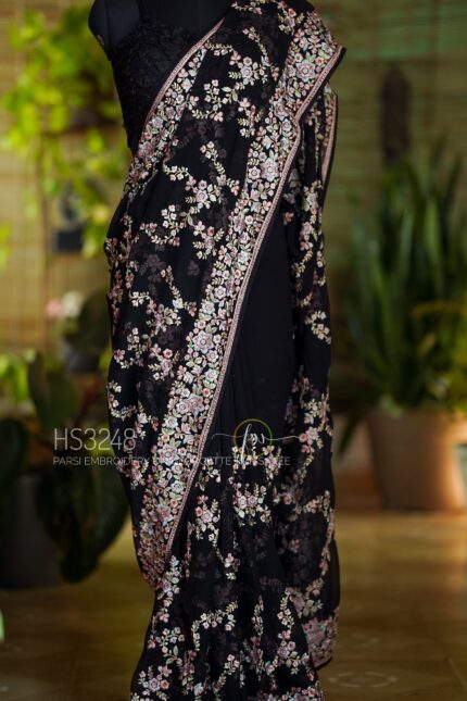 Black Pure Georgette Saree Adorned With Intricate Allover Parsi Embroidery