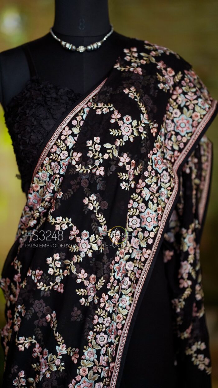 Black Pure Georgette Saree Adorned With Intricate Allover Parsi Embroidery