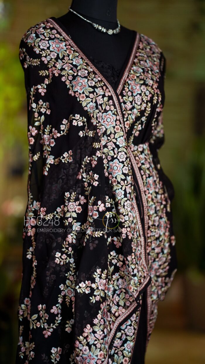 Black Pure Georgette Saree Adorned With Intricate Allover Parsi Embroidery