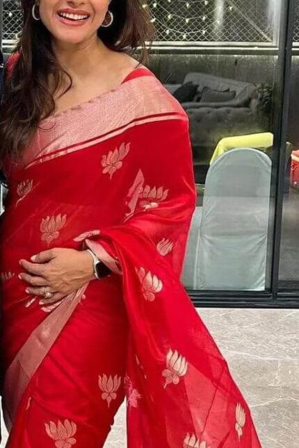 Red Soft Mashru Silk Saree with lotus Weaving