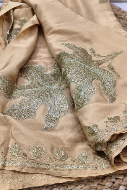 Pure Crepe Silk Beige Color Saree with Zari Tilla Work