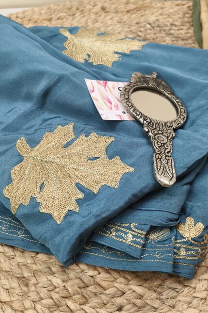 Pure Kashmiri Blue Crepe Silk Zari Tilla Work Saree