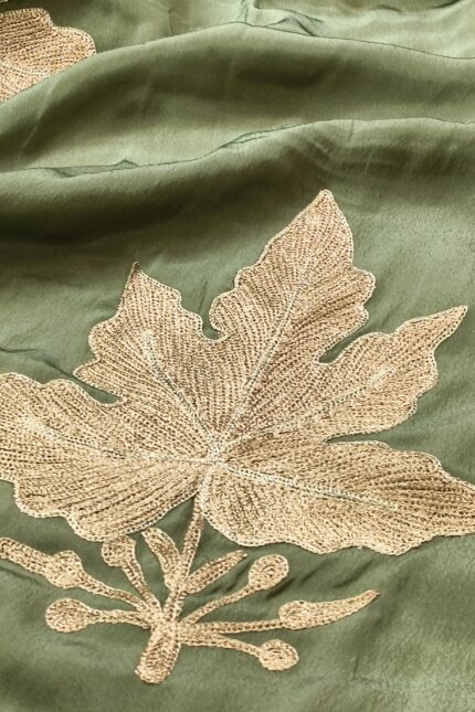 Pure Crepe Kashmiri Silk Olive Green Shade Zari Tilla Embroidery Saree