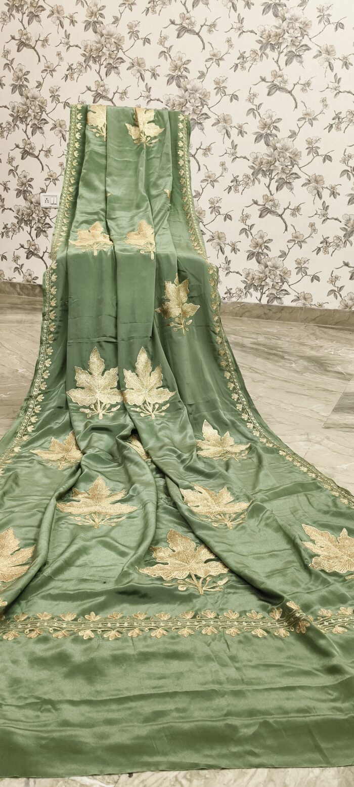 Pure Crepe Kashmiri Silk Olive Green Shade Zari Tilla Embroidery Saree