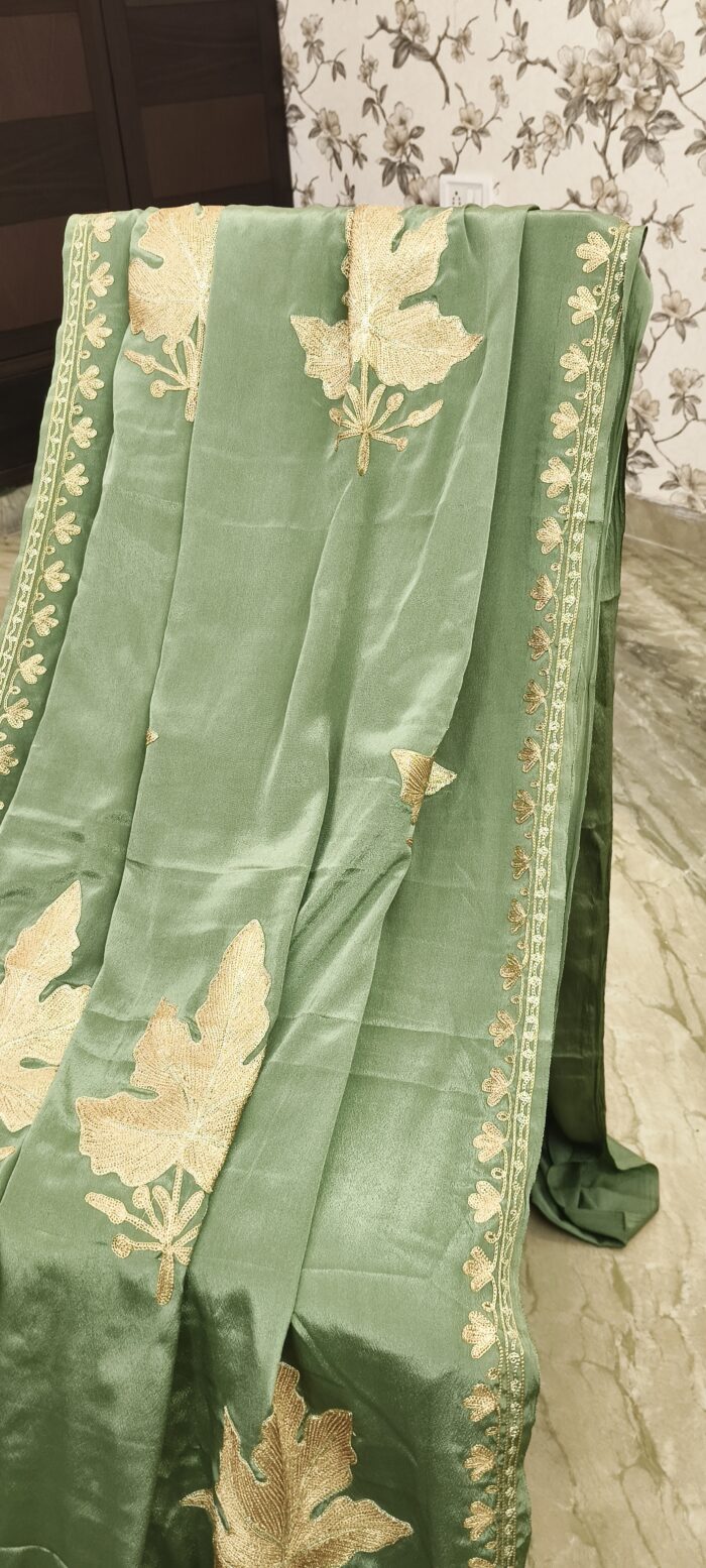 Pure Crepe Kashmiri Silk Olive Green Shade Zari Tilla Embroidery Saree