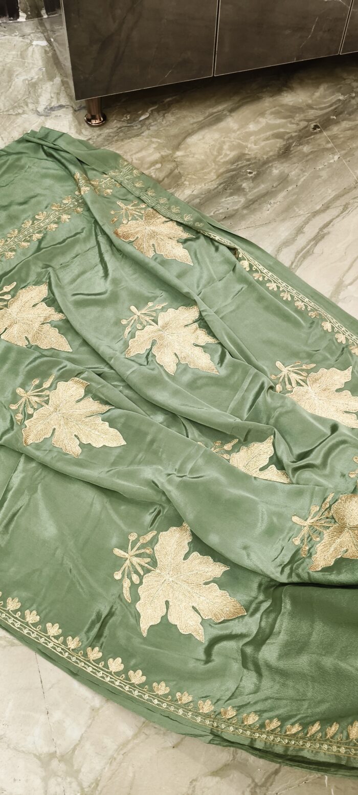 Pure Crepe Kashmiri Silk Olive Green Shade Zari Tilla Embroidery Saree