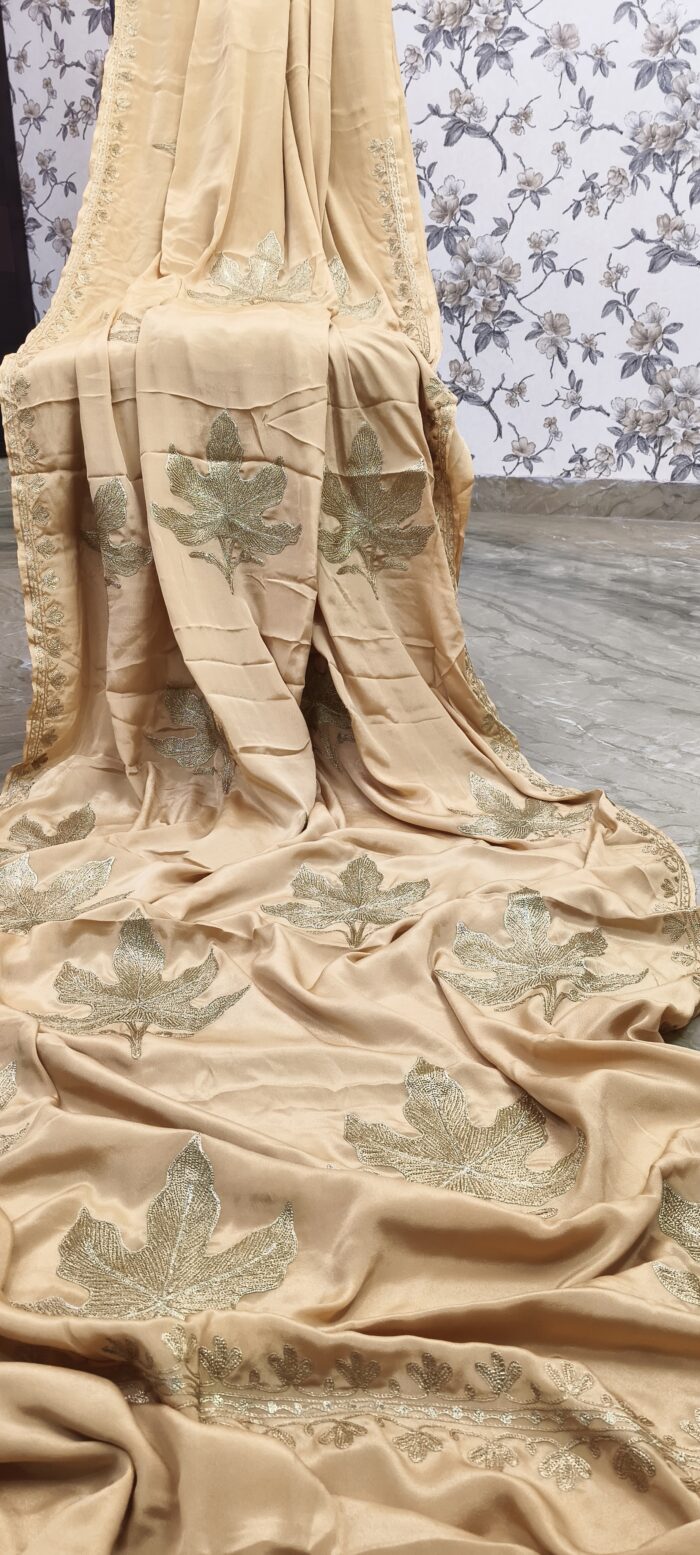 Pure Crepe Silk Beige Color Saree with Zari Tilla Work