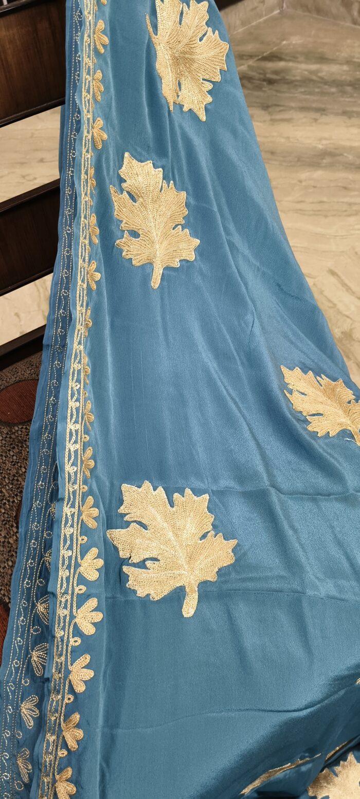 Pure Kashmiri Blue Crepe Silk Zari Tilla Work Saree