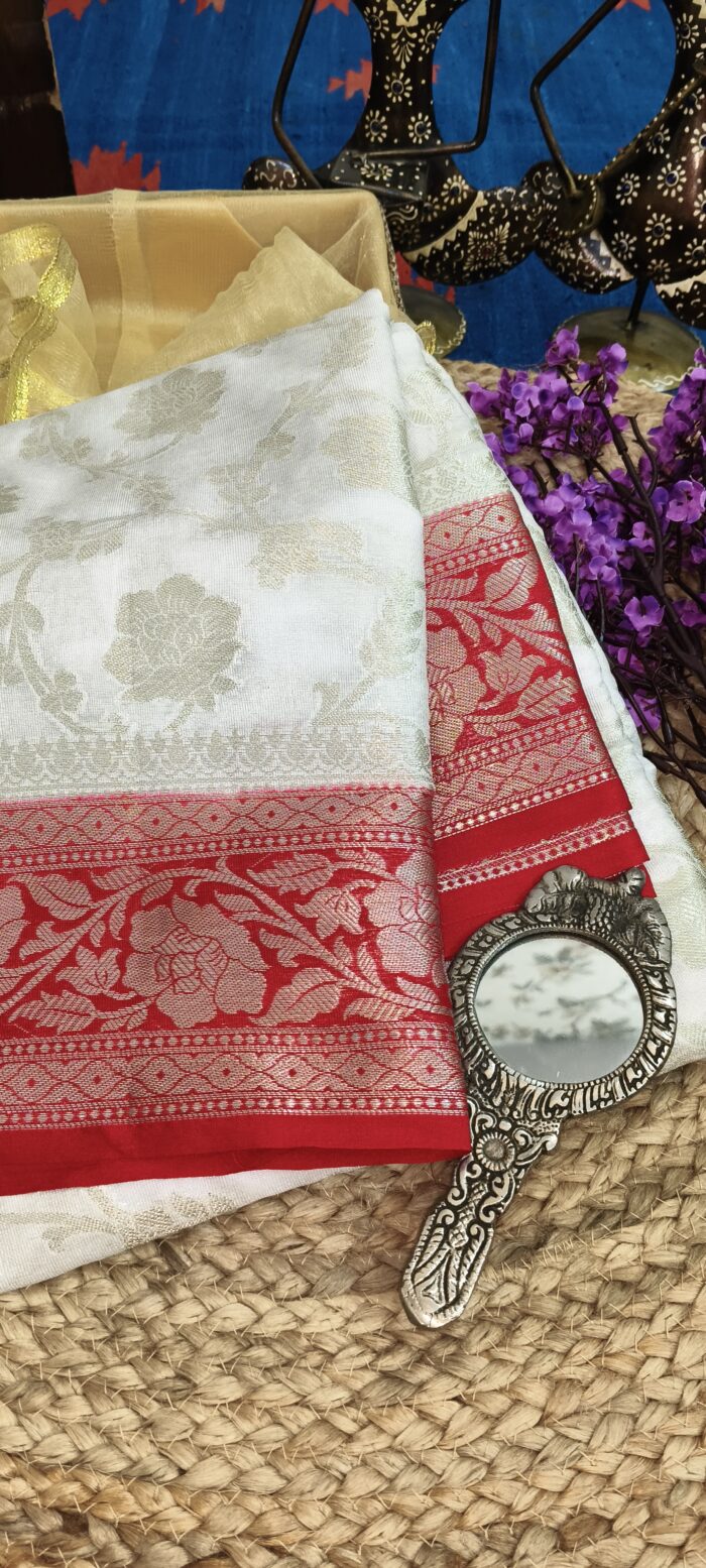 Durga Puja Special Semi Katan Silk In Red & White Combination