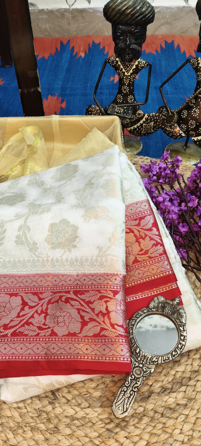 Durga Puja Special Semi Katan Silk In Red & White Combination