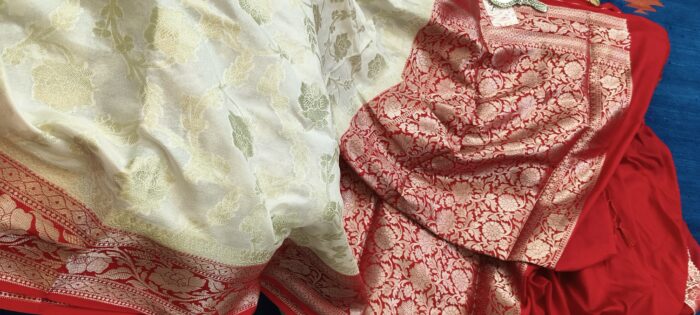 Durga Puja Special Semi Katan Silk In Red & White Combination