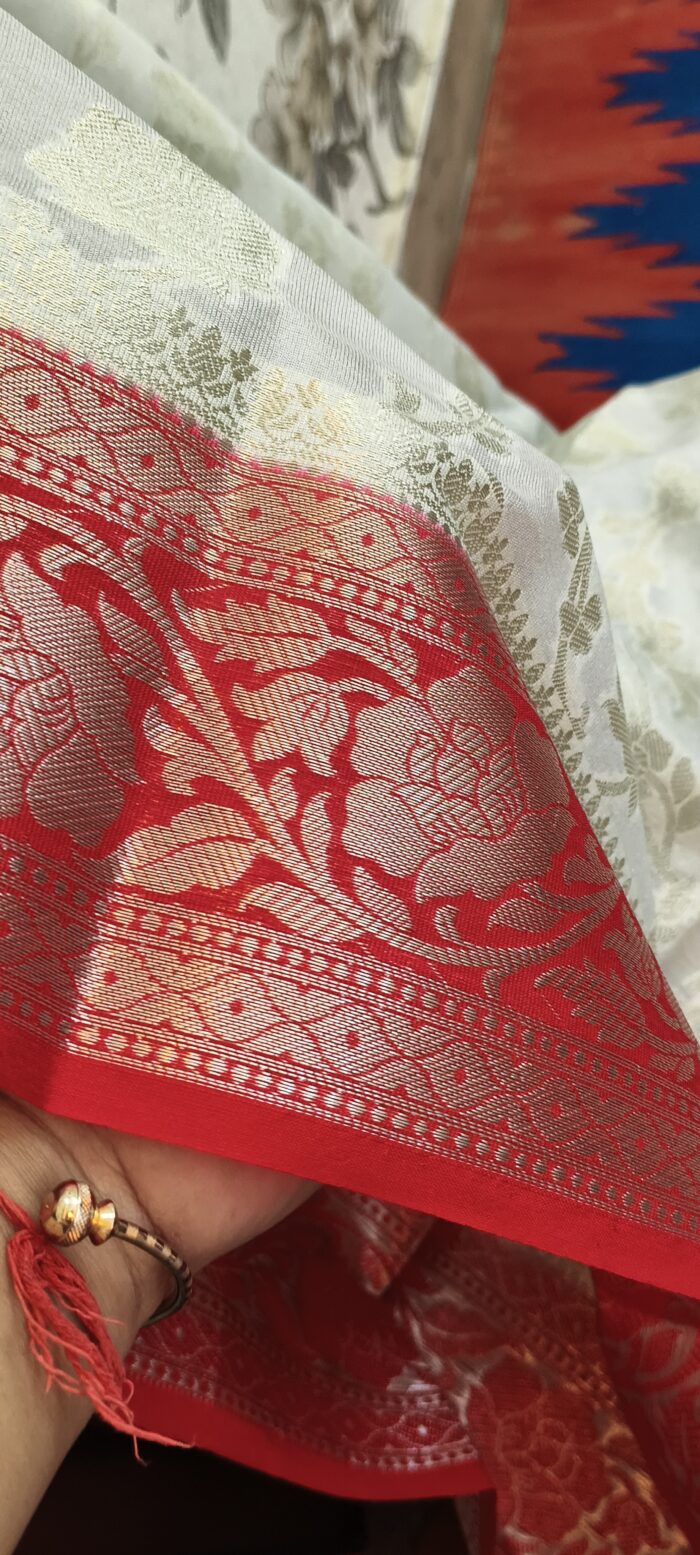 Durga Puja Special Semi Katan Silk In Red & White Combination