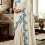 Designer Resham Aari Embroidery Ivory Shade Pure Crepe Silk Saree