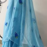 Sky Blue Handpainted Tulip  Motif Mulmul Saree