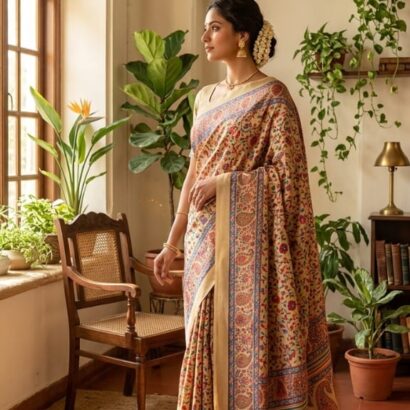Soft Mul Cotton Kashmiri Kani Print Saree in Beige Multi Color with Contrast Border