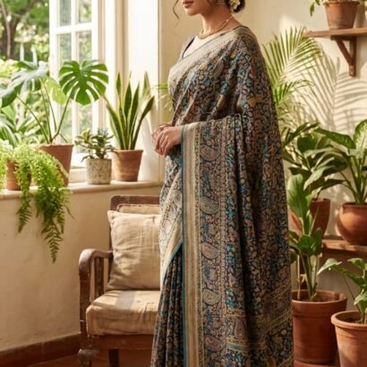 Soft Mul Cotton Kashmiri Kani Print Saree in Dark Teal & Beige with Contrast Border