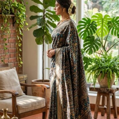 Soft Mul Cotton Kashmiri Kani Print Saree in Dark Teal & Brown with Contrast Border