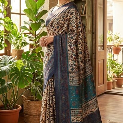 Soft Mul Cotton Kashmiri Kani Print Saree in Navy Blue & Teal with Contrast Border