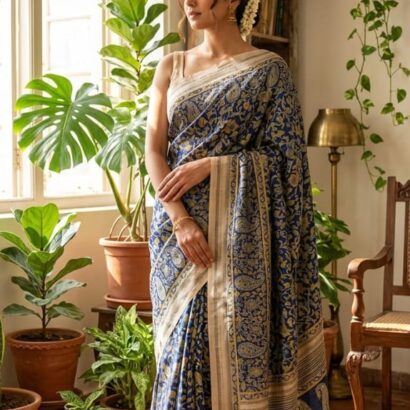 Soft Mul Cotton Kashmiri Kani Print Saree in Royal Blue & Gold with Contrast Border