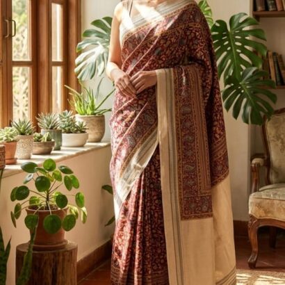Soft Mul Cotton Kashmiri Kani Print Saree in Rust Maroon & Cream with Contrast Border