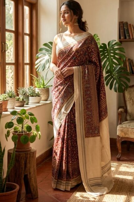 Soft Mul Cotton Kashmiri Kani Print Saree in Rust Maroon & Cream with Contrast Border