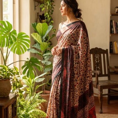 Soft Mul Cotton Kashmiri Kani Print Saree in Wine Maroon & Black with Contrast Border