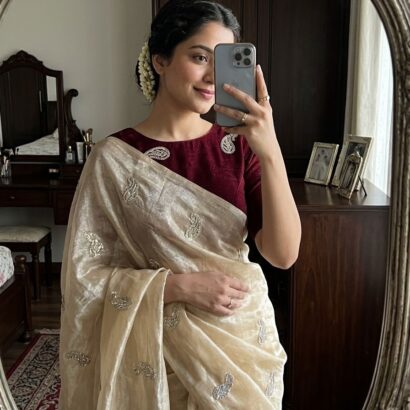 sequence butti satin saree with contrast blouse front view